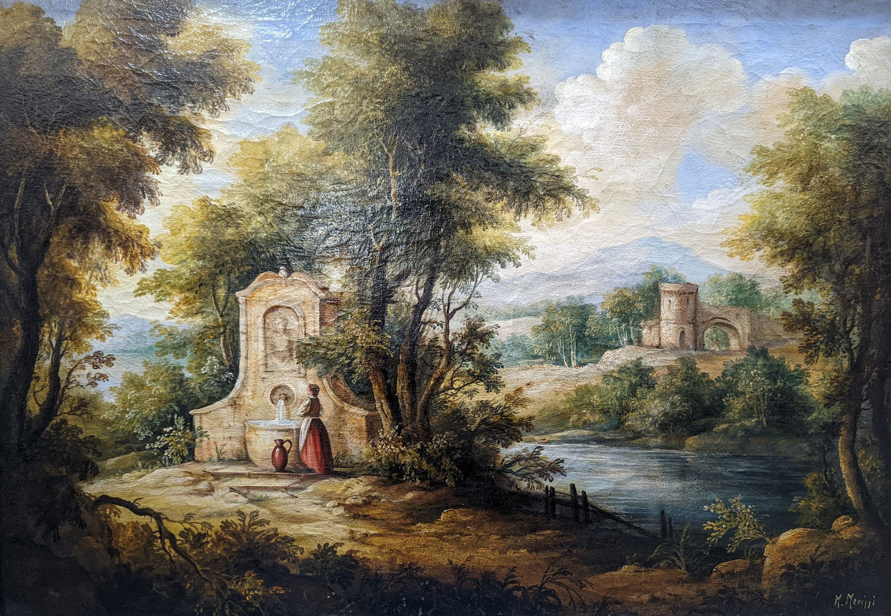 M. Merini, oil on canvas, Italianate landscape with woman beside a well, signed, 68 x 98cm